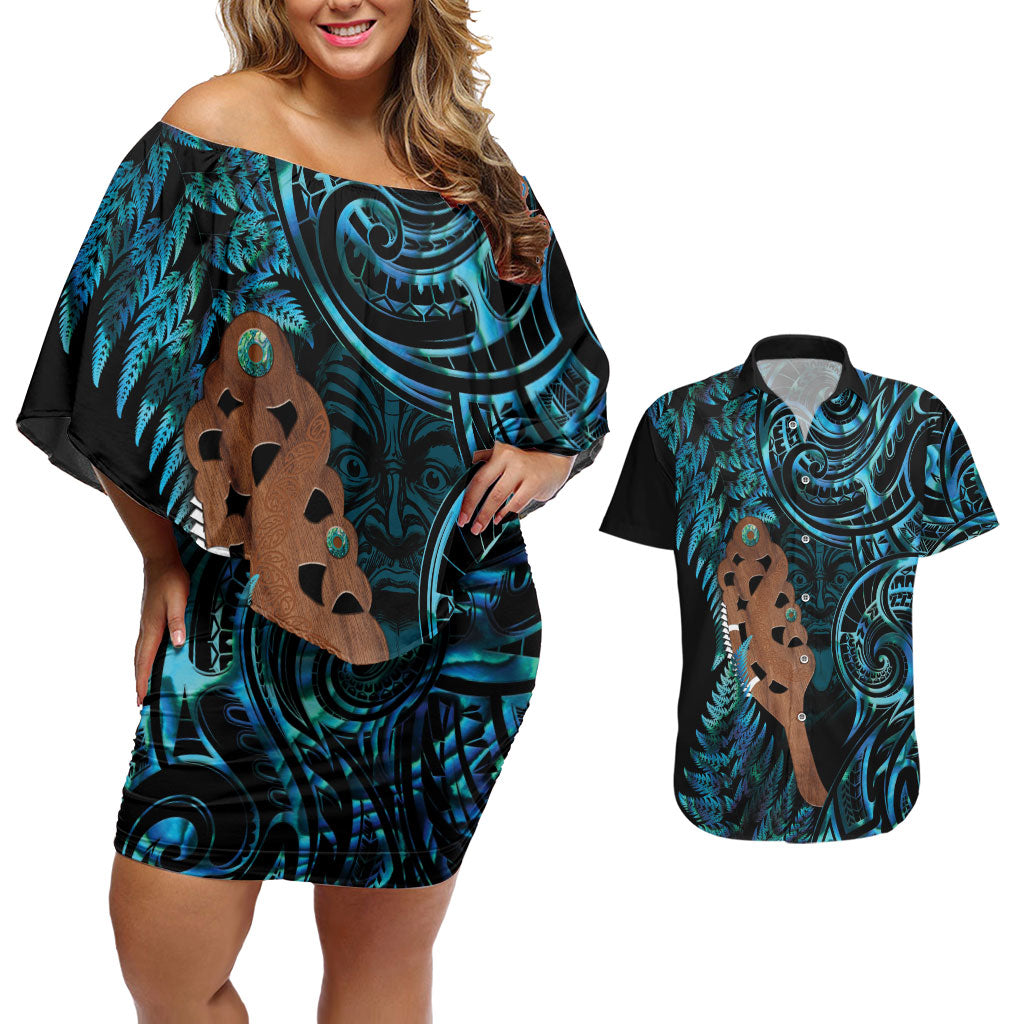 Maripi New Zealand Couples Matching Off Shoulder Short Dress and Hawaiian Shirt Maori Weapon Paua Shell Haka Fern