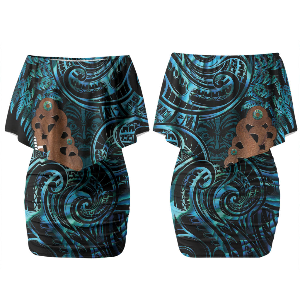 Maripi New Zealand Couples Matching Off Shoulder Short Dress and Long Sleeve Button Shirt Maori Weapon Paua Shell Haka Fern LT14 - Polynesian Pride