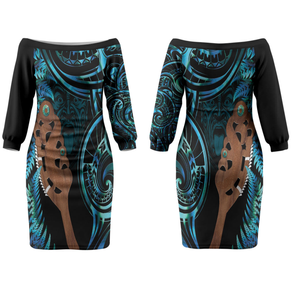 Maripi New Zealand Couples Matching Off The Shoulder Long Sleeve Dress and Hawaiian Shirt Maori Weapon Paua Shell Haka Fern LT14 - Polynesian Pride
