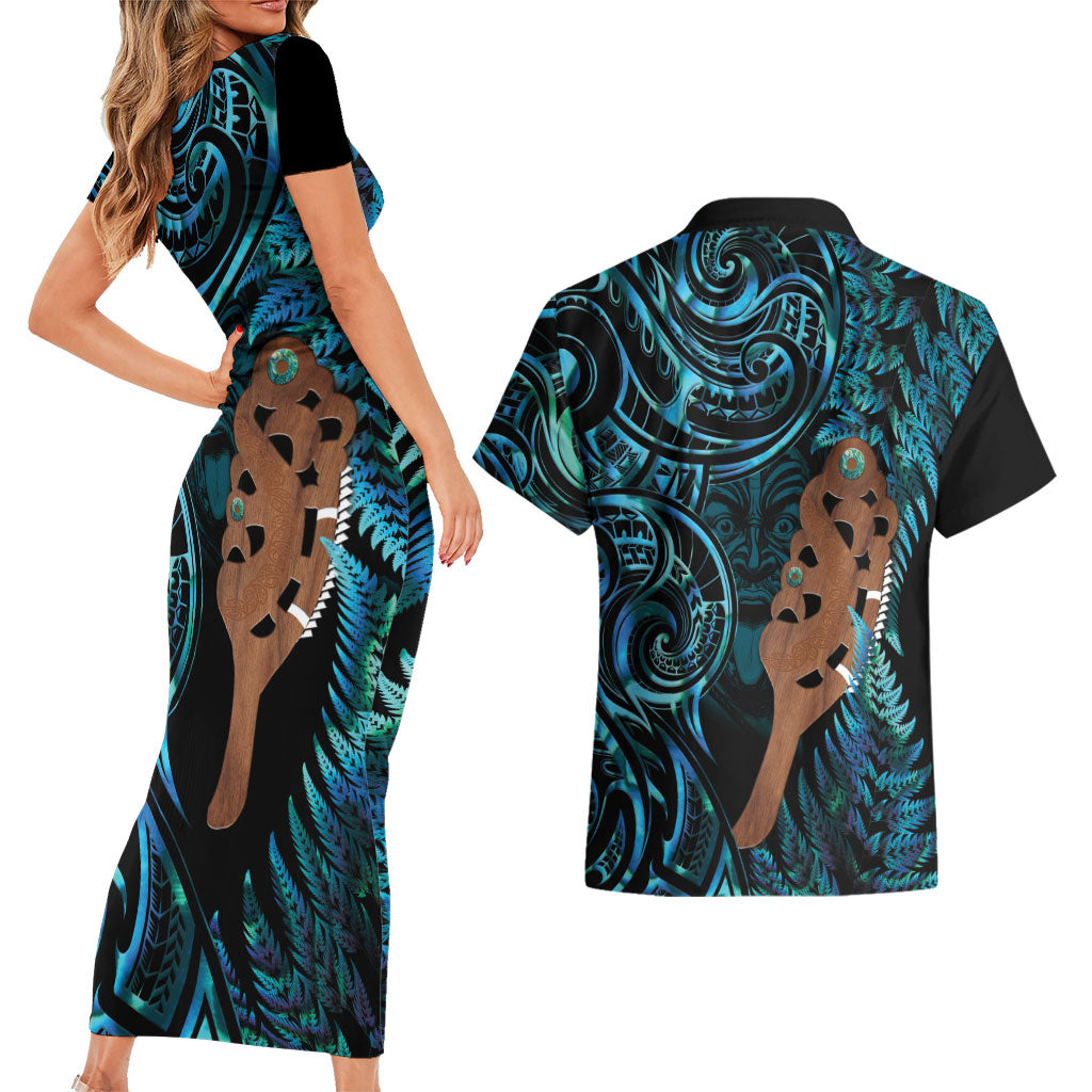 Maripi New Zealand Couples Matching Short Sleeve Bodycon Dress and Hawaiian Shirt Maori Weapon Paua Shell Haka Fern