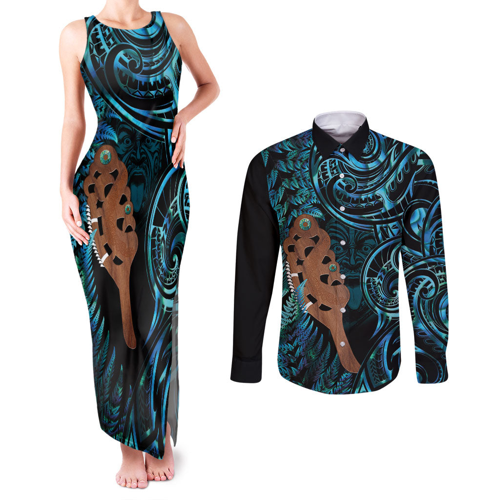 Maripi New Zealand Couples Matching Tank Maxi Dress and Long Sleeve Button Shirt Maori Weapon Paua Shell Haka Fern