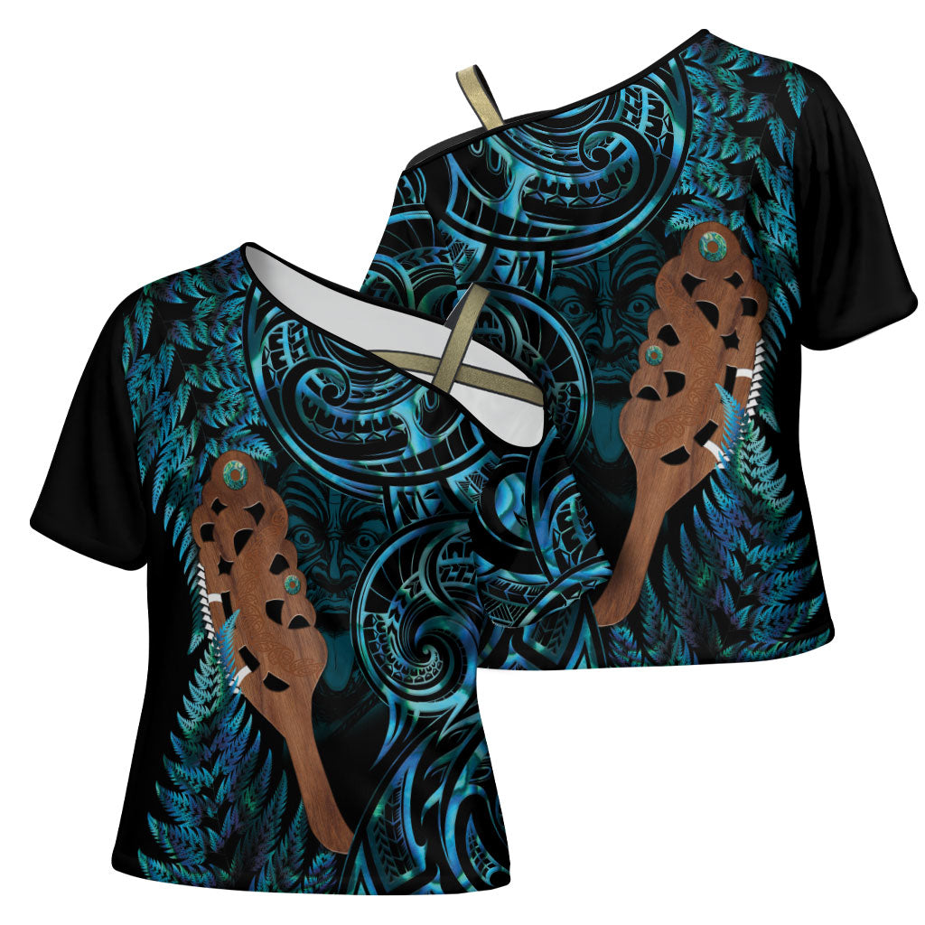 Maripi New Zealand Cross Shoulder Shirt Maori Weapon Paua Shell Haka Fern