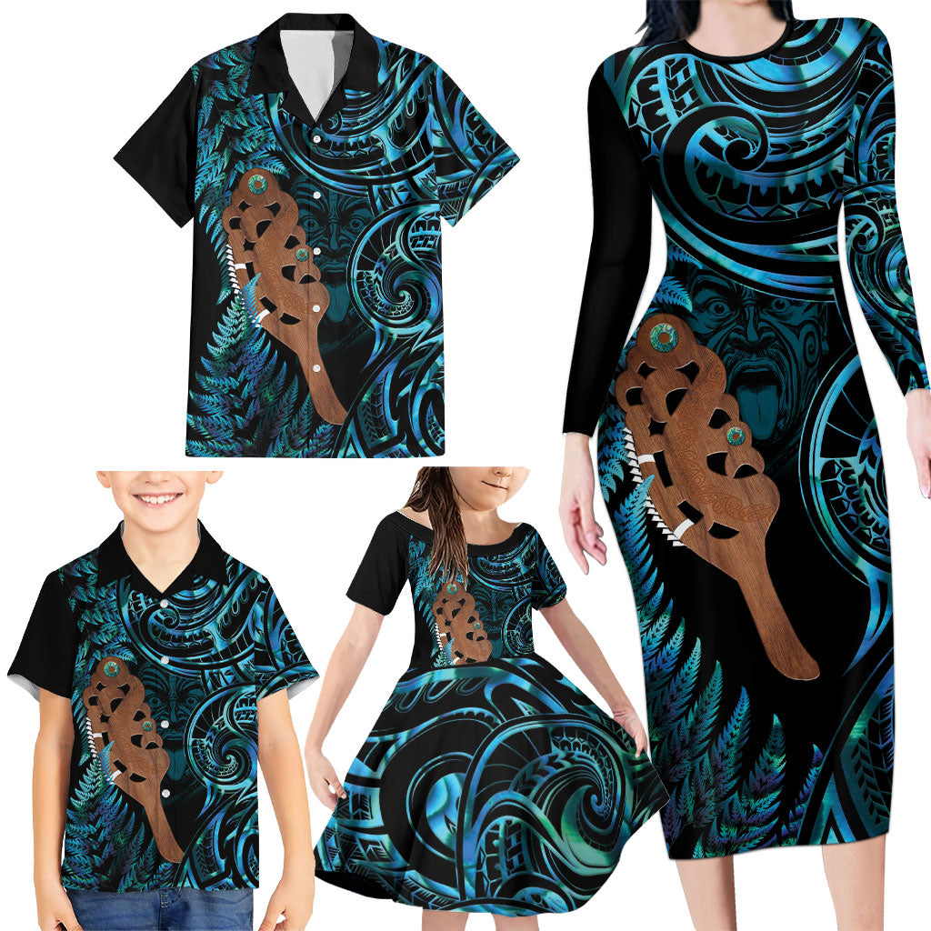 Maripi New Zealand Family Matching Long Sleeve Bodycon Dress and Hawaiian Shirt Maori Weapon Paua Shell Haka Fern