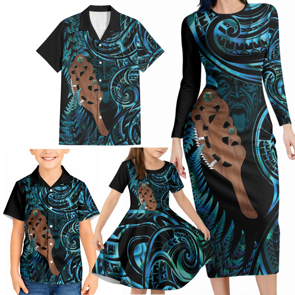 Maripi New Zealand Family Matching Long Sleeve Bodycon Dress and Hawaiian Shirt Maori Weapon Paua Shell Haka Fern LT14 - Polynesian Pride