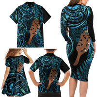 Maripi New Zealand Family Matching Long Sleeve Bodycon Dress and Hawaiian Shirt Maori Weapon Paua Shell Haka Fern