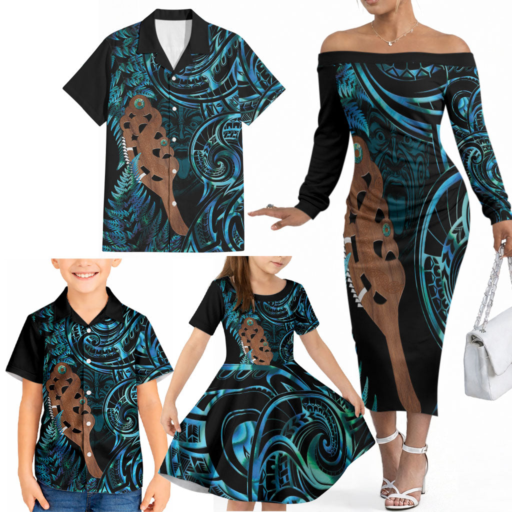 Maripi New Zealand Family Matching Off The Shoulder Long Sleeve Dress and Hawaiian Shirt Maori Weapon Paua Shell Haka Fern LT14 - Polynesian Pride