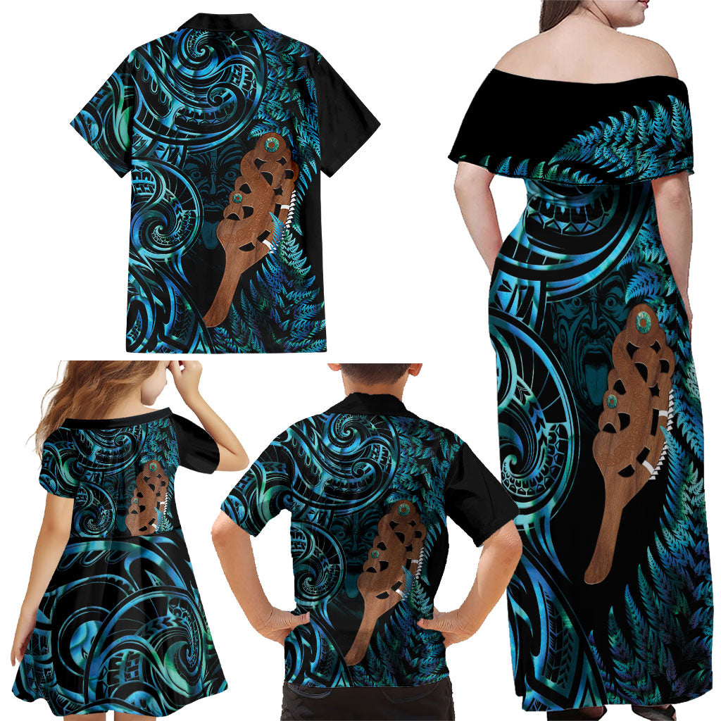 Maripi New Zealand Family Matching Off Shoulder Maxi Dress and Hawaiian Shirt Maori Weapon Paua Shell Haka Fern