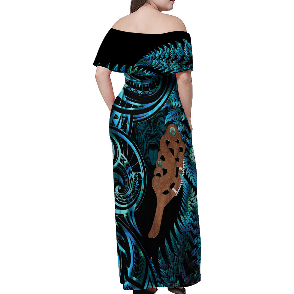Maripi New Zealand Family Matching Off Shoulder Maxi Dress and Hawaiian Shirt Maori Weapon Paua Shell Haka Fern