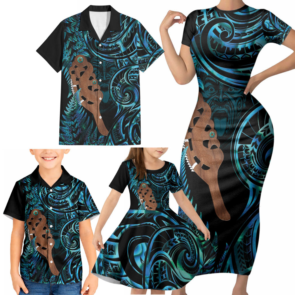 Maripi New Zealand Family Matching Short Sleeve Bodycon Dress and Hawaiian Shirt Maori Weapon Paua Shell Haka Fern LT14 - Polynesian Pride