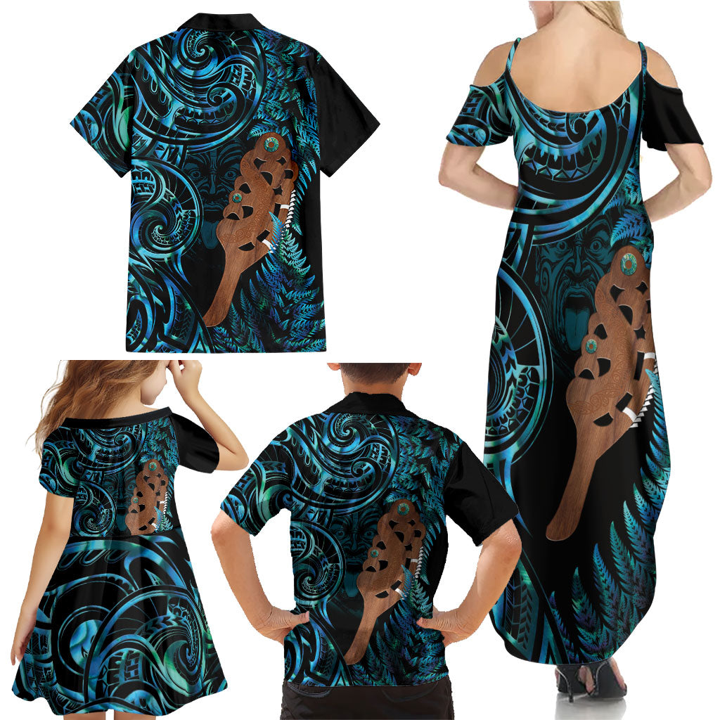 Maripi New Zealand Family Matching Summer Maxi Dress and Hawaiian Shirt Maori Weapon Paua Shell Haka Fern