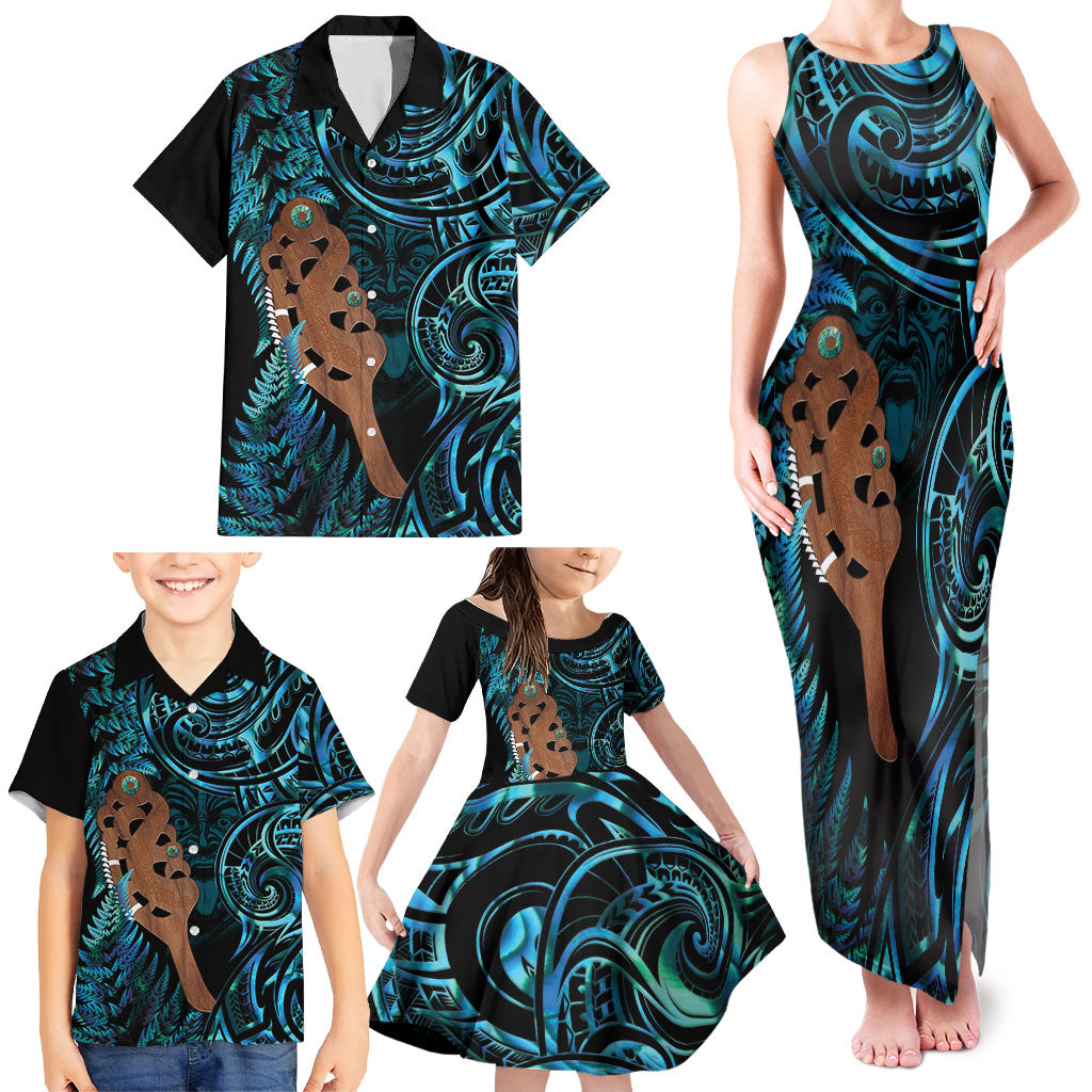 Maripi New Zealand Family Matching Tank Maxi Dress and Hawaiian Shirt Maori Weapon Paua Shell Haka Fern