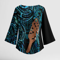 Maripi New Zealand Kimono Sleeve Blouse Maori Weapon Paua Shell Haka Fern