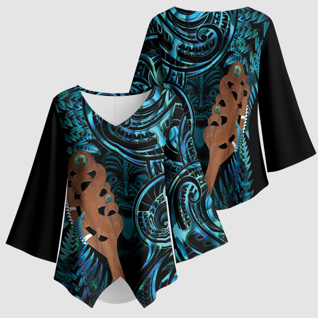 Maripi New Zealand Kimono Sleeve Blouse Maori Weapon Paua Shell Haka Fern