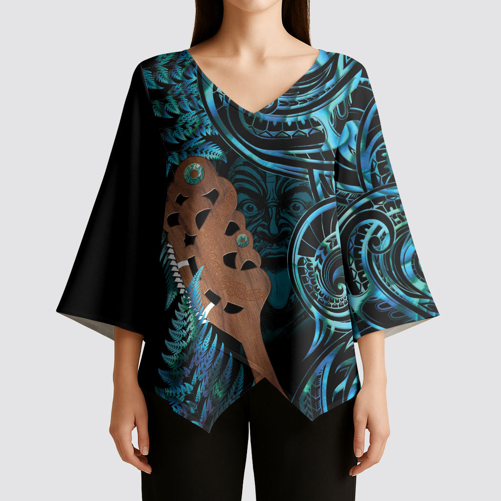 Maripi New Zealand Kimono Sleeve Blouse Maori Weapon Paua Shell Haka Fern