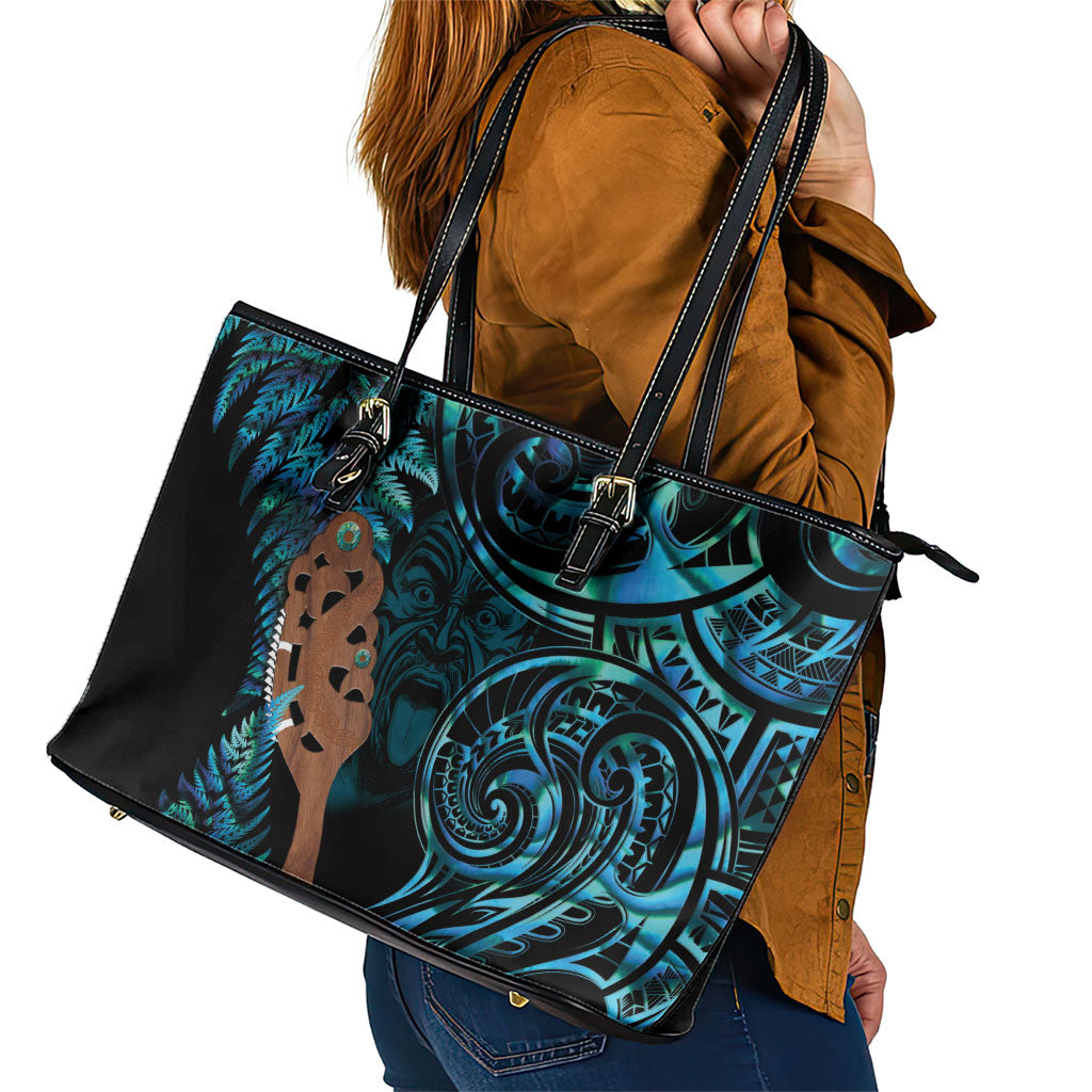 Maripi New Zealand Leather Tote Bag Maori Weapon Paua Shell Haka Fern