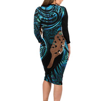 Maripi New Zealand Long Sleeve Bodycon Dress Maori Weapon Paua Shell Haka Fern