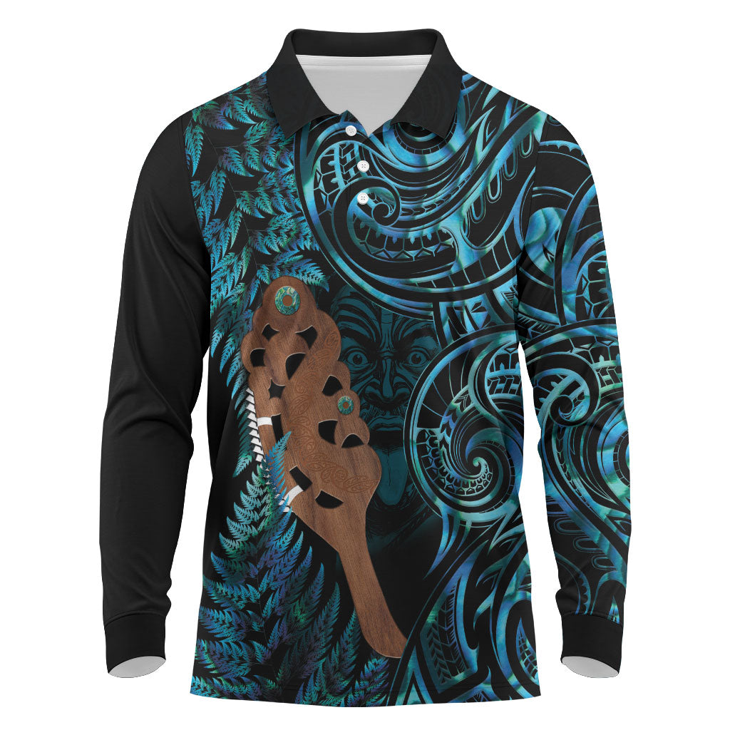 Maripi New Zealand Long Sleeve Polo Shirt Maori Weapon Paua Shell Haka Fern