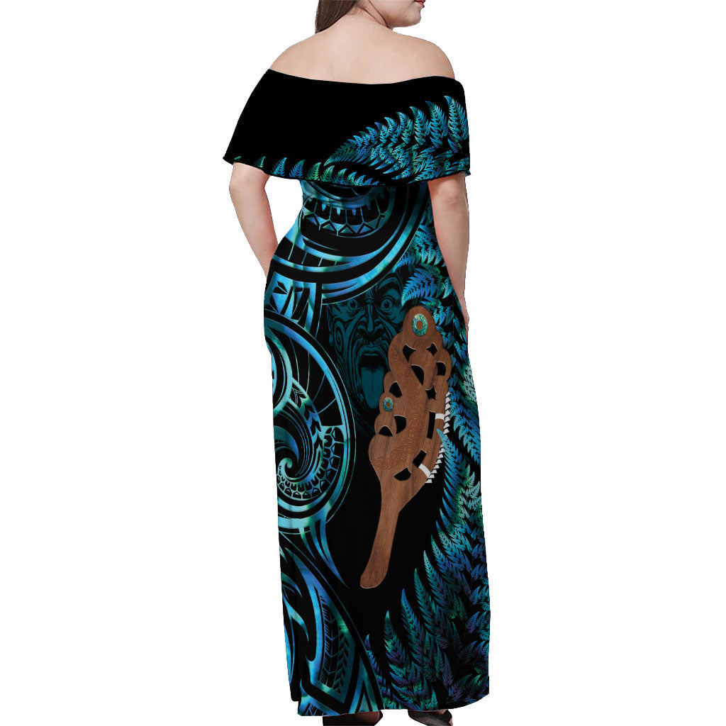 Maripi New Zealand Off Shoulder Maxi Dress Maori Weapon Paua Shell Haka Fern