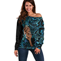 Maripi New Zealand Off Shoulder Sweater Maori Weapon Paua Shell Haka Fern