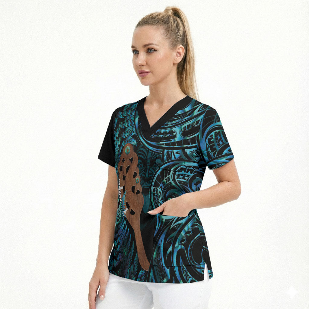 Maripi New Zealand Scrub Top Maori Weapon Paua Shell Haka Fern