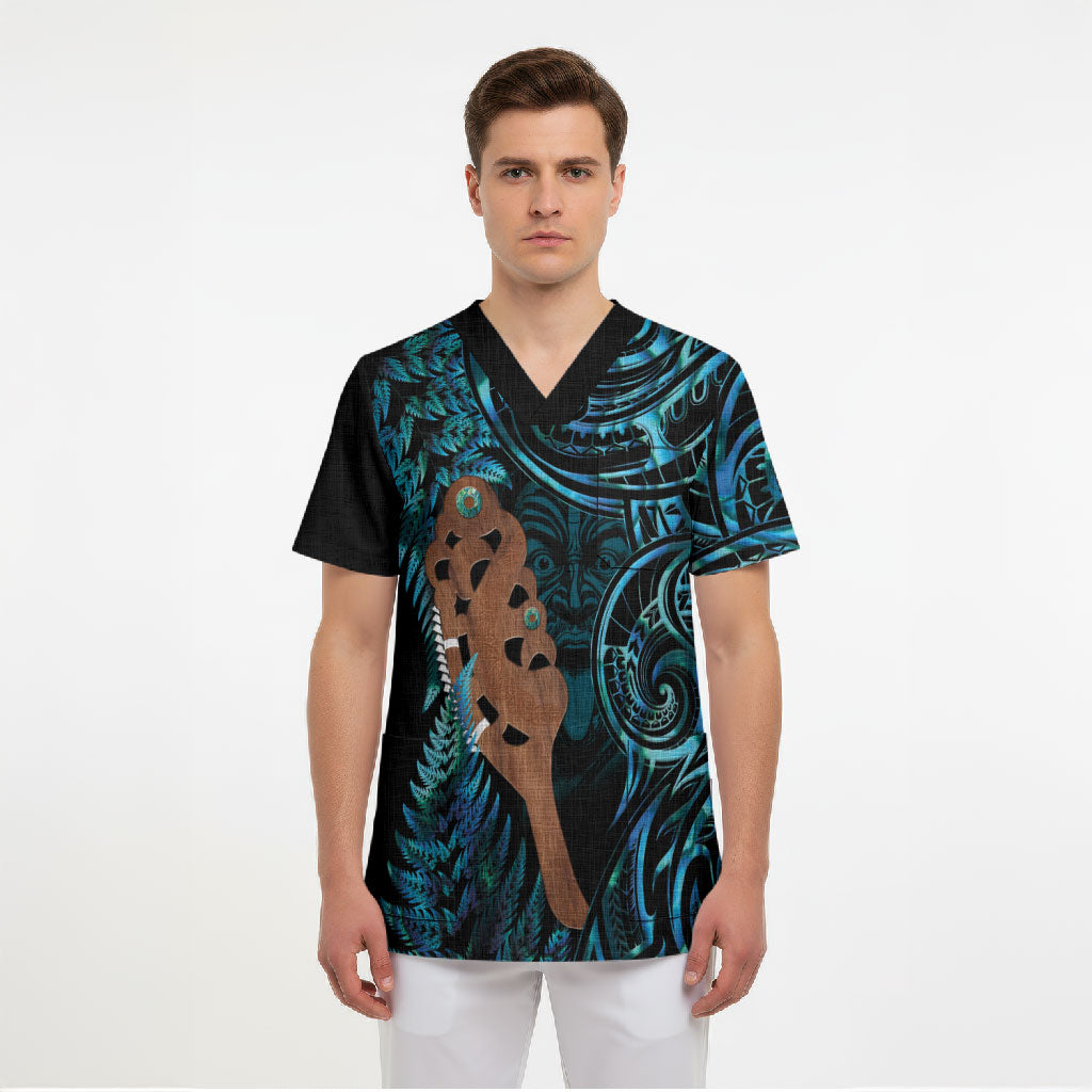 Maripi New Zealand Scrub Top Maori Weapon Paua Shell Haka Fern