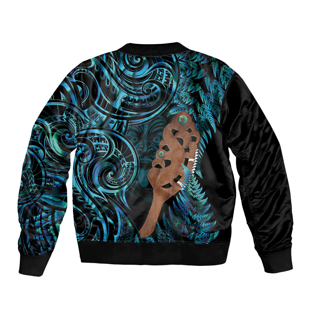 Maripi New Zealand Sleeve Zip Bomber Jacket Maori Weapon Paua Shell Haka Fern