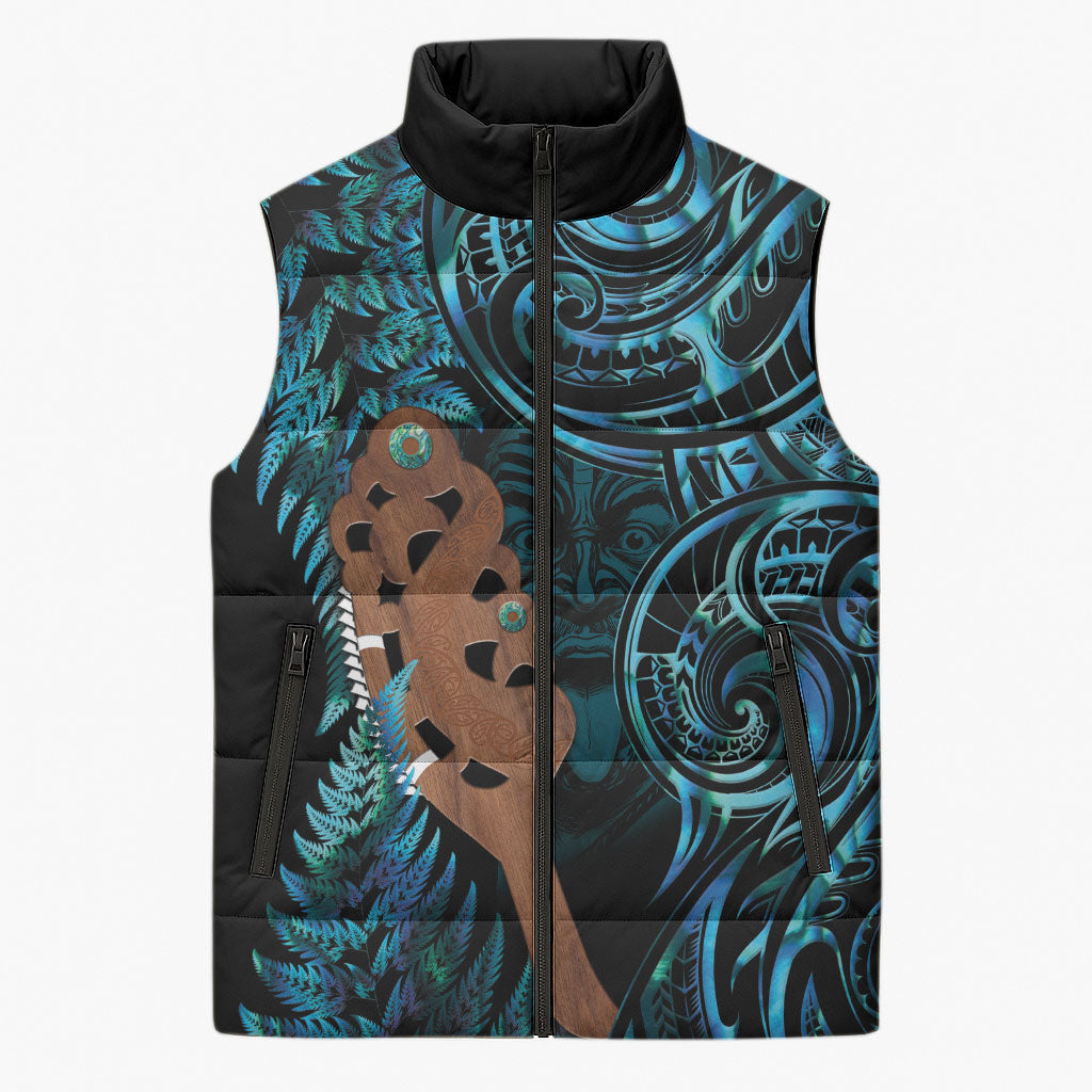 Maripi New Zealand Sleeveless Puffer Jacket Maori Weapon Paua Shell Haka Fern