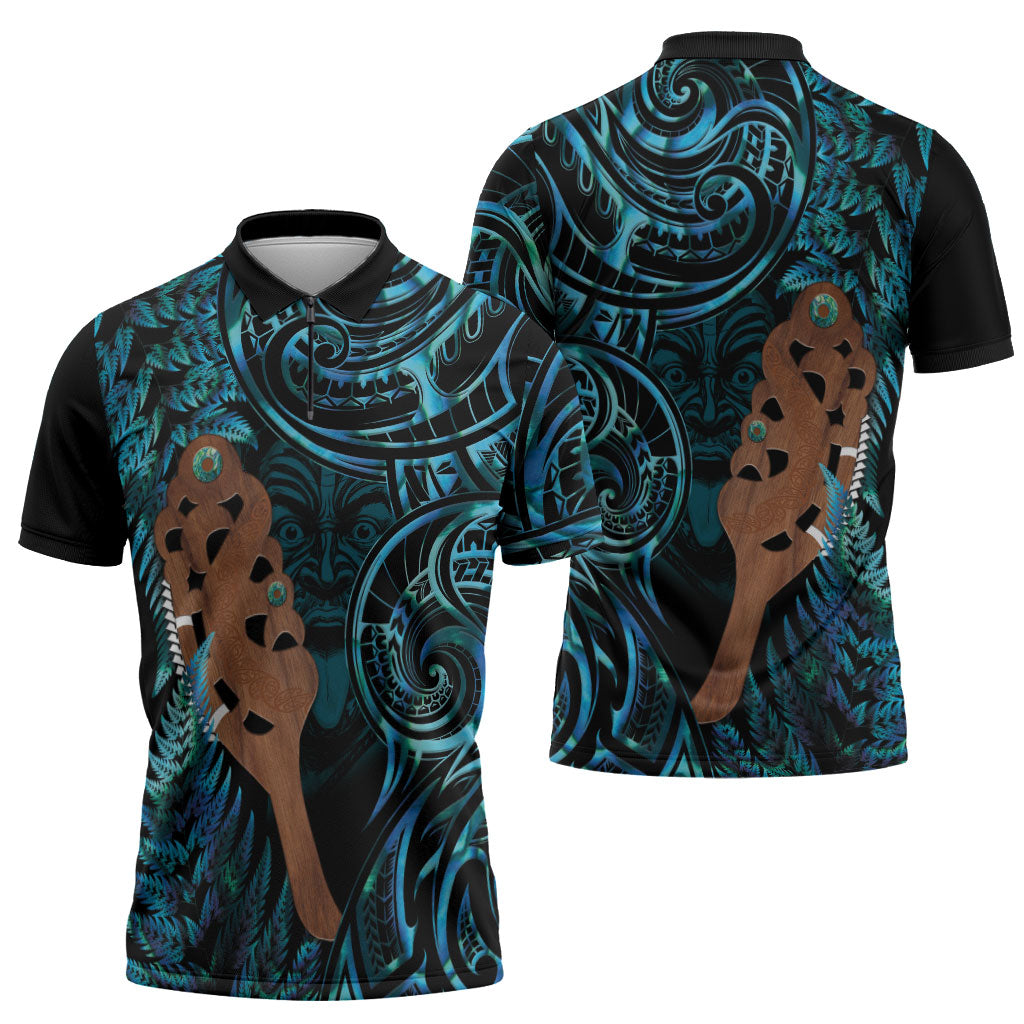 Maripi New Zealand Zipper Polo Shirt Maori Weapon Paua Shell Haka Fern