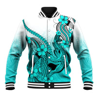 Hawaii Baseball Jacket Polynesian Shark Tattoo With Plumeria Turquoise Gradient LT14 Unisex Turquoise - Polynesian Pride