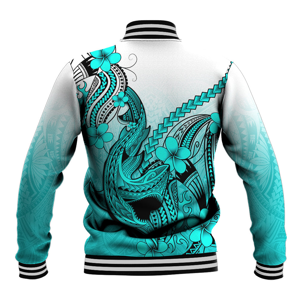 Hawaii Baseball Jacket Polynesian Shark Tattoo With Plumeria Turquoise Gradient LT14 - Polynesian Pride