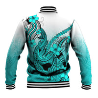 Hawaii Baseball Jacket Polynesian Shark Tattoo With Plumeria Turquoise Gradient LT14 - Polynesian Pride