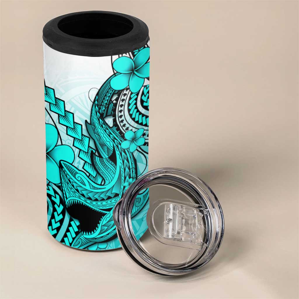 Hawaii 4 in 1 Can Cooler Tumbler Polynesian Shark Tattoo With Plumeria Turquoise Gradient
