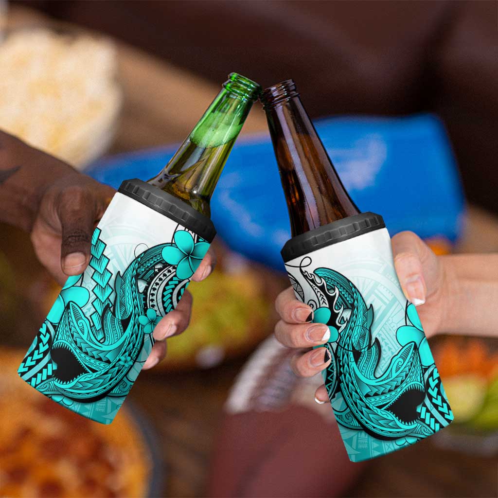 Hawaii 4 in 1 Can Cooler Tumbler Polynesian Shark Tattoo With Plumeria Turquoise Gradient