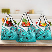 Turquoise Gradient Hawaii Grocery Bag Polynesian Shark Tattoo With Plumeria
