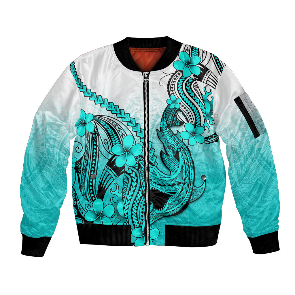 Hawaii Sleeve Zip Bomber Jacket Polynesian Shark Tattoo With Plumeria Turquoise Gradient LT14 Unisex Turquoise - Polynesian Pride