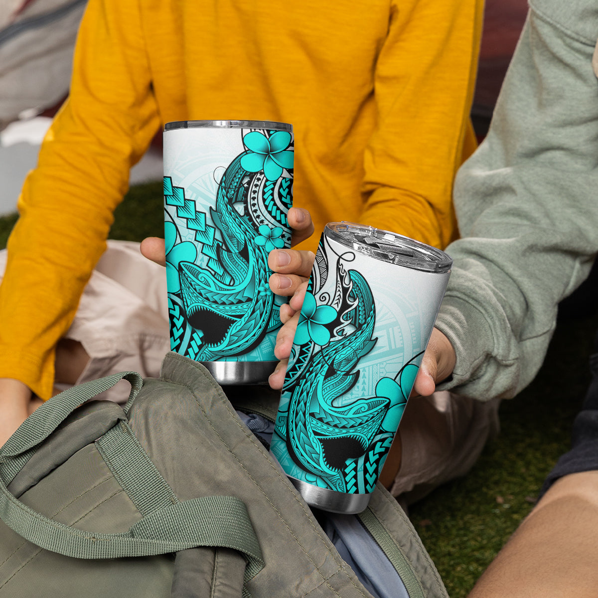 Hawaii Tumbler Cup Polynesian Shark Tattoo With Plumeria Turquoise Gradient