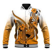 Hawaii Baseball Jacket Polynesian Shark Tattoo With Plumeria Orange Gradient LT14 Unisex Orange - Polynesian Pride