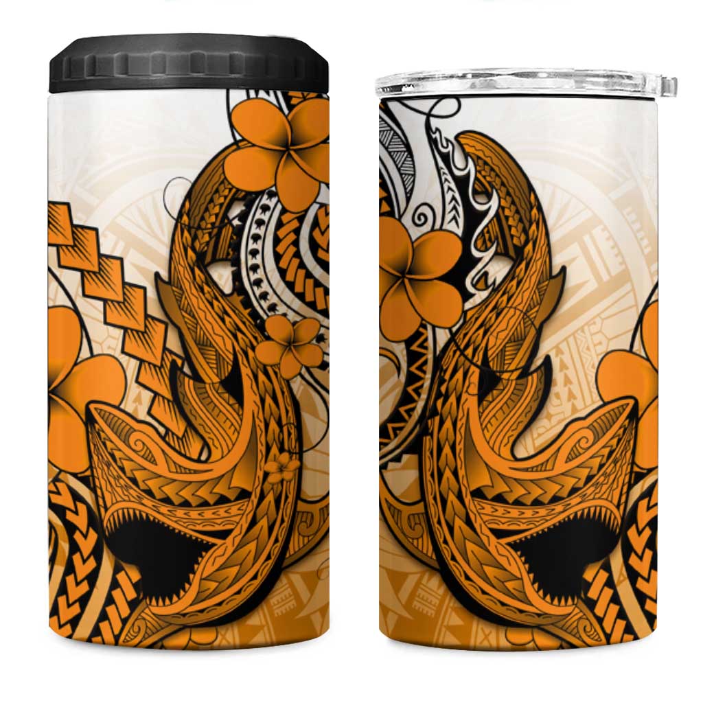 Hawaii 4 in 1 Can Cooler Tumbler Polynesian Shark Tattoo With Plumeria Orange Gradient