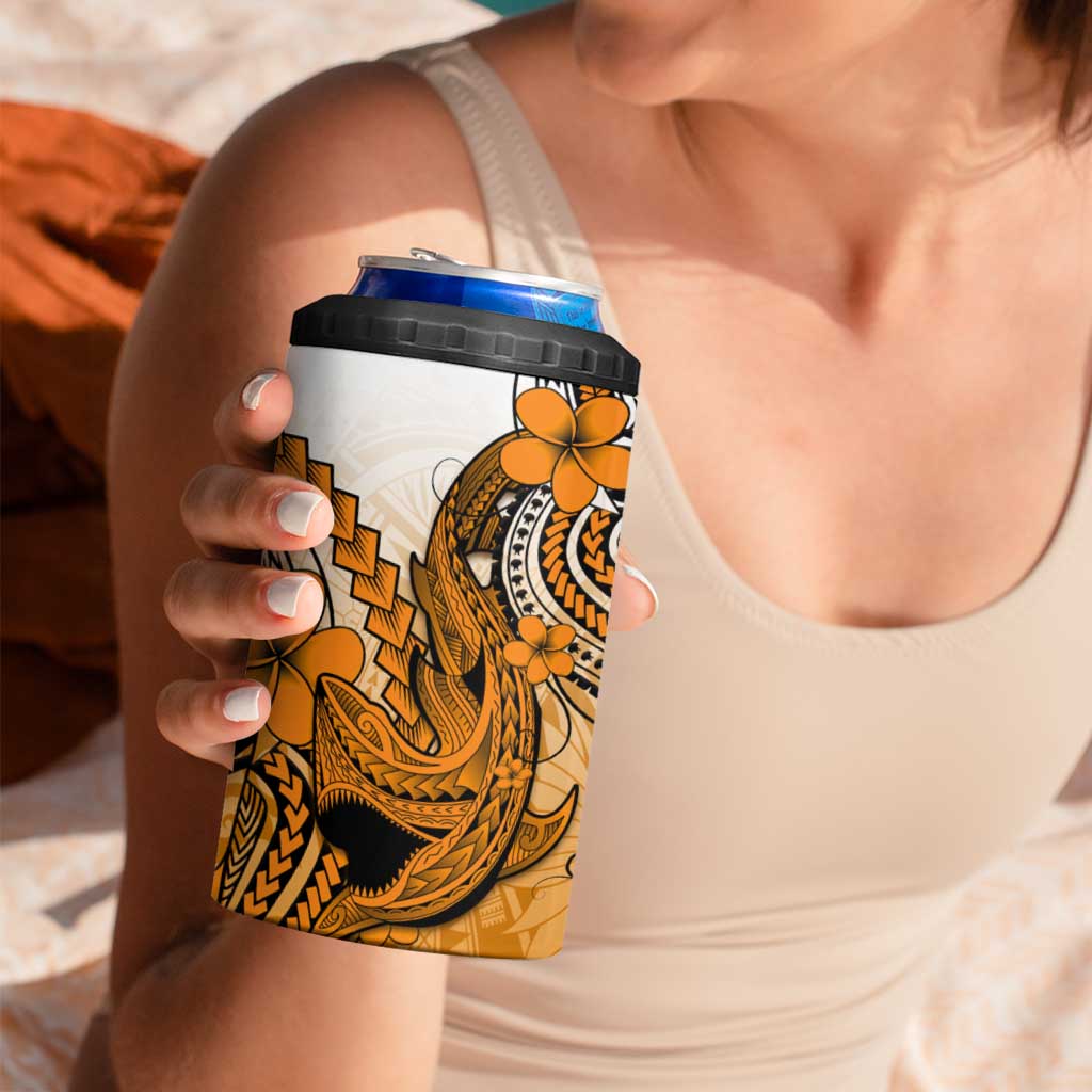 Hawaii 4 in 1 Can Cooler Tumbler Polynesian Shark Tattoo With Plumeria Orange Gradient