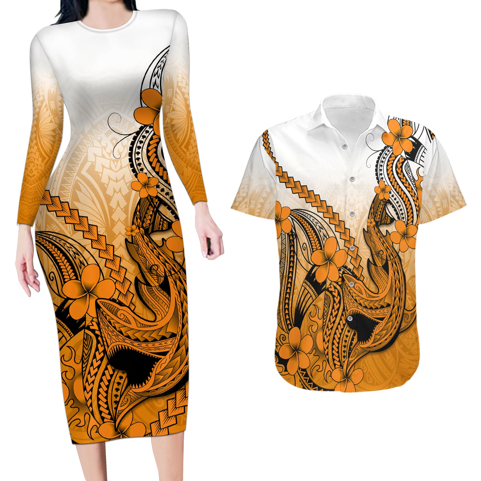 Hawaii Couples Matching Long Sleeve Bodycon Dress and Hawaiian Shirt Polynesian Shark Tattoo With Plumeria Orange Gradient LT14 Orange - Polynesian Pride