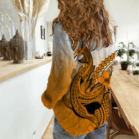 Hawaii Women Casual Shirt Polynesian Shark Tattoo With Plumeria Orange Gradient LT14 - Polynesian Pride