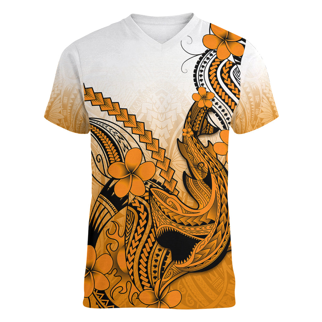 Hawaii Women V Neck T Shirt Polynesian Shark Tattoo With Plumeria Orange Gradient LT14 Female Orange - Polynesian Pride