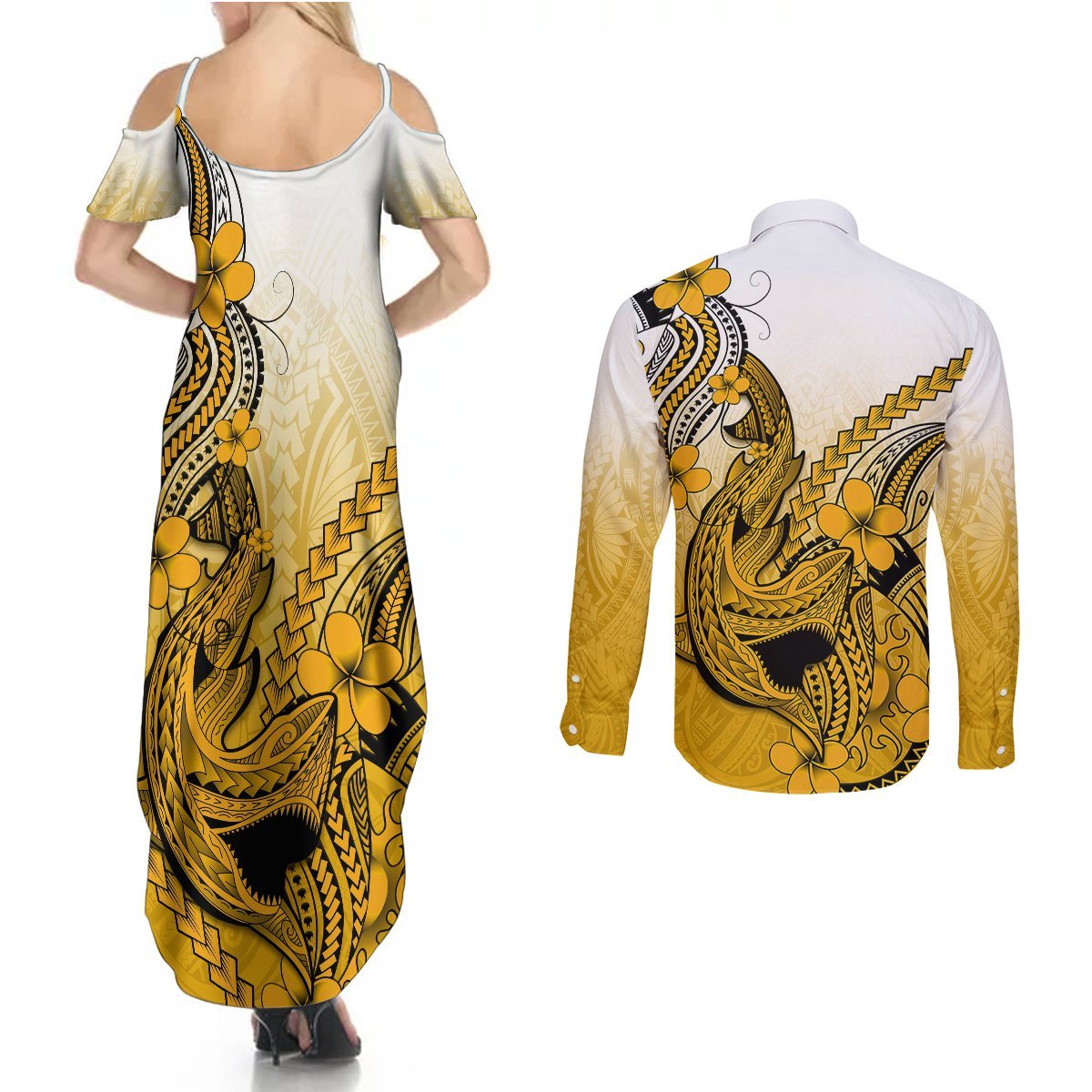 Hawaii Couples Matching Summer Maxi Dress and Long Sleeve Button Shirts Polynesian Shark Tattoo With Plumeria Gold Gradient LT14 - Polynesian Pride