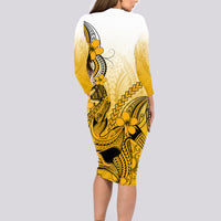 Hawaii Long Sleeve Bodycon Dress Polynesian Shark Tattoo With Plumeria Gold Gradient LT14 - Polynesian Pride