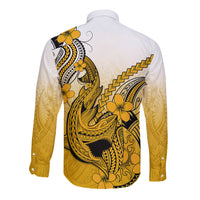 Hawaii Long Sleeve Button Shirt Polynesian Shark Tattoo With Plumeria Gold Gradient LT14 - Polynesian Pride
