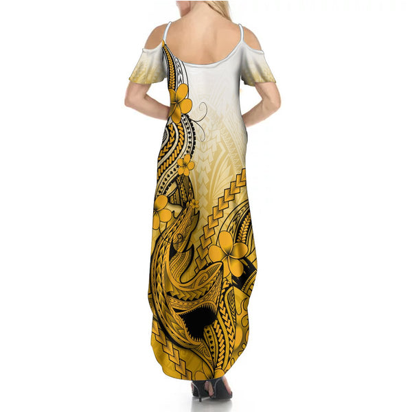 Hawaii Off Shoulder Maxi Dress Polynesian Shark Tattoo With Plumeria Pink Gradient LT14
