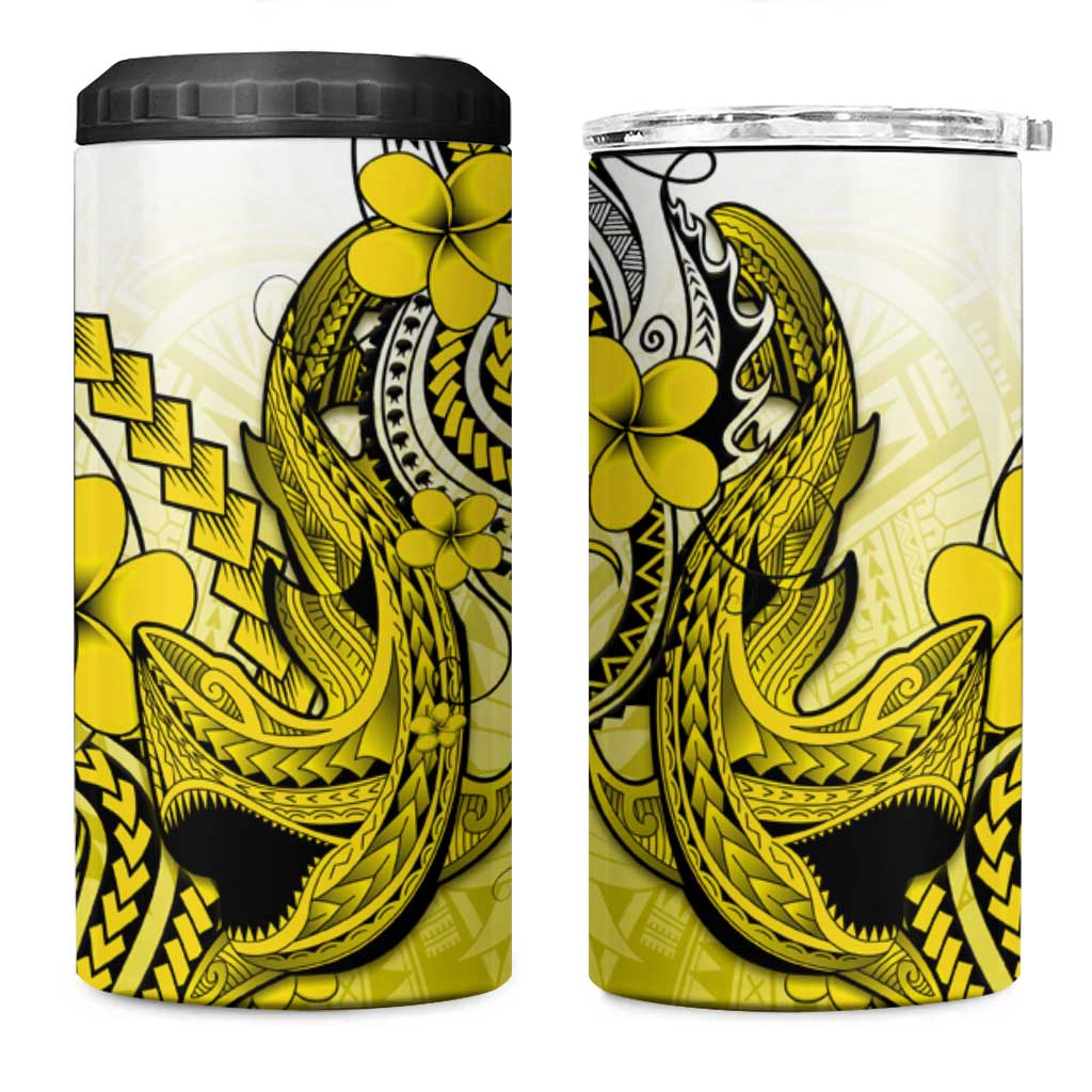 Hawaii 4 in 1 Can Cooler Tumbler Polynesian Shark Tattoo With Plumeria Yellow Gradient
