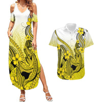 Hawaii Couples Matching Summer Maxi Dress and Hawaiian Shirt Polynesian Shark Tattoo With Plumeria Yellow Gradient LT14 Yellow - Polynesian Pride