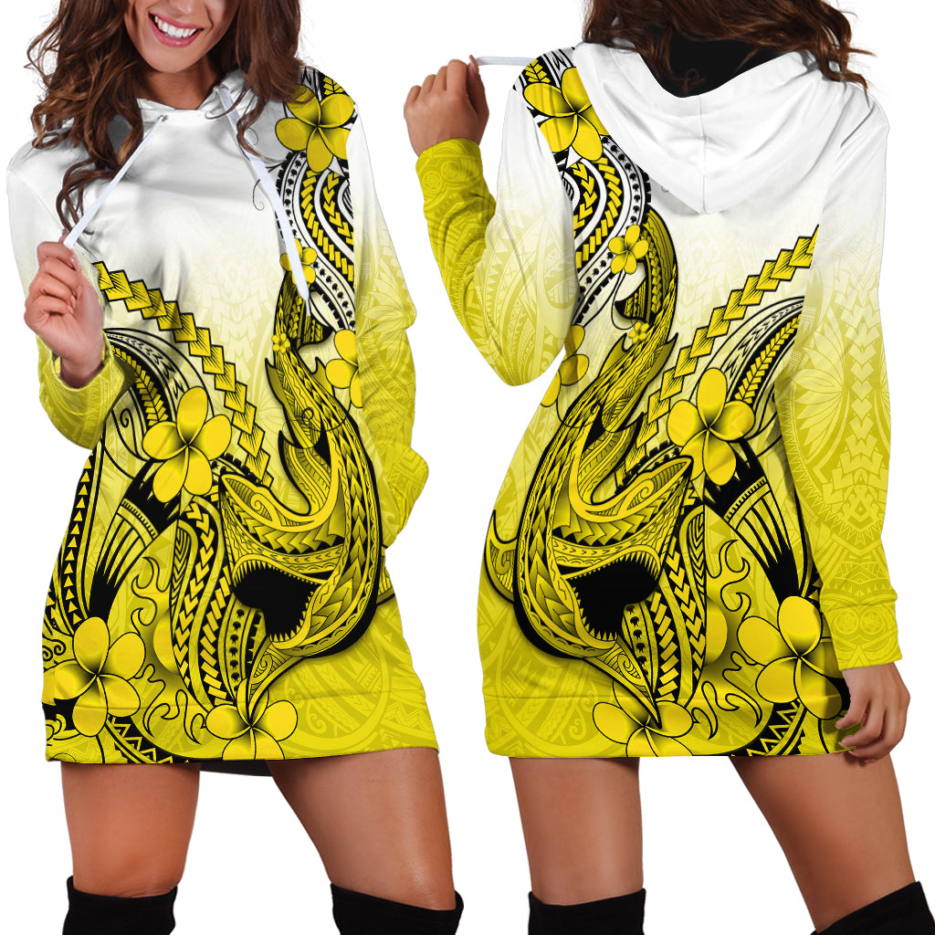 Hawaii Hoodie Dress Polynesian Shark Tattoo With Plumeria Yellow Gradient LT14 - Polynesian Pride