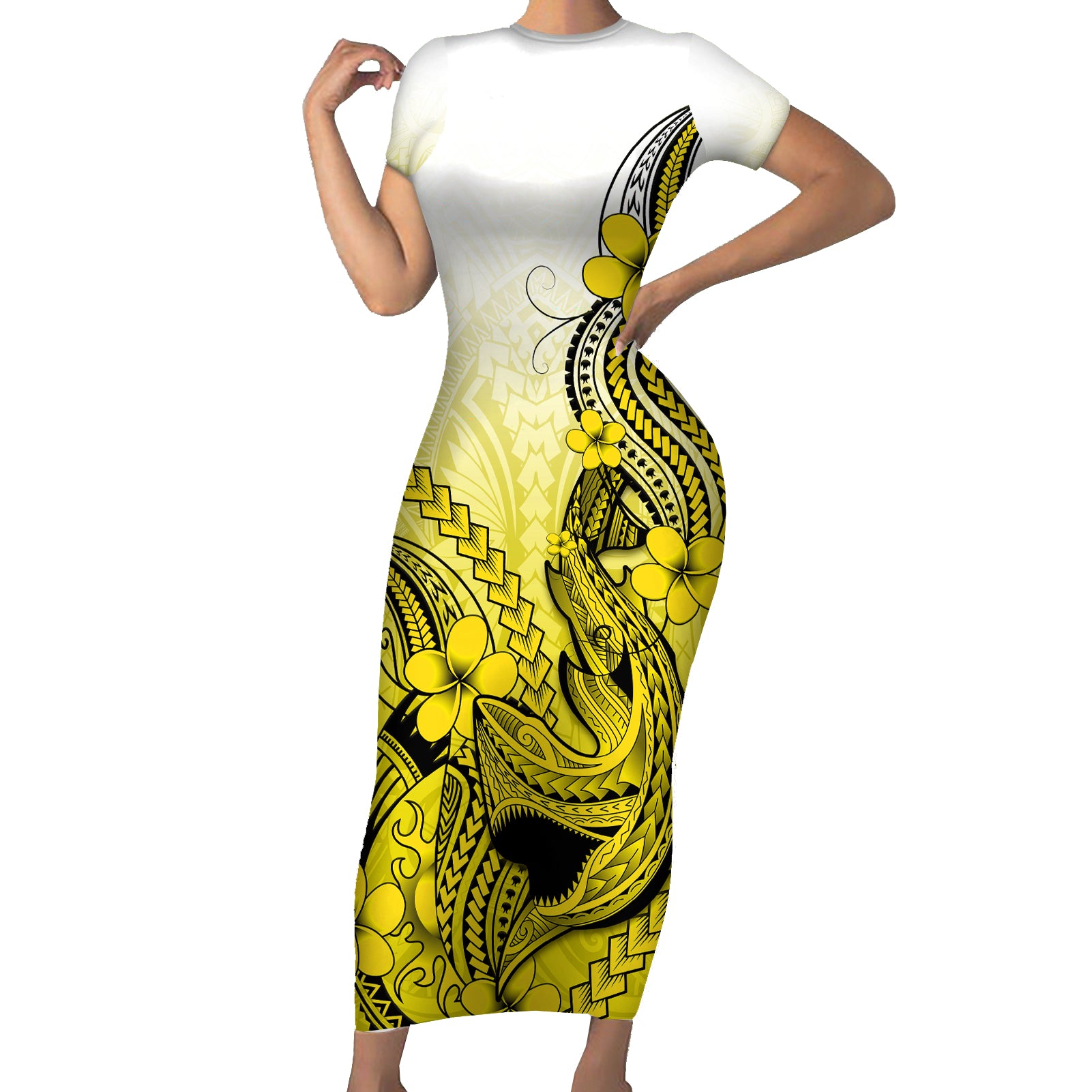 Hawaii Short Sleeve Bodycon Dress Polynesian Shark Tattoo With Plumeria Yellow Gradient LT14 Long Dress Yellow - Polynesian Pride